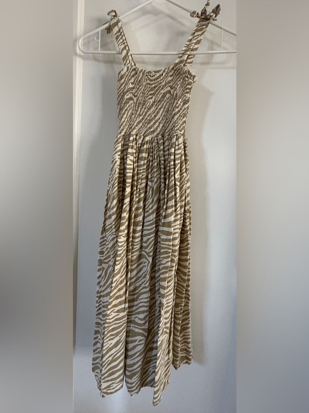 Rylee + Cru Tan and White Zebra-Print Smocked Dress